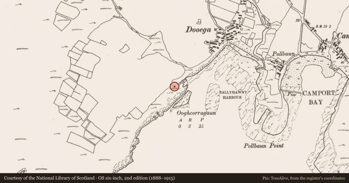 Ordnance Survey six-inch map, 2nd edition (1888–1915) covering the location of Promontory fort - coastal, Dumha Éige, County Mayo, with a pin at the register's coordinates