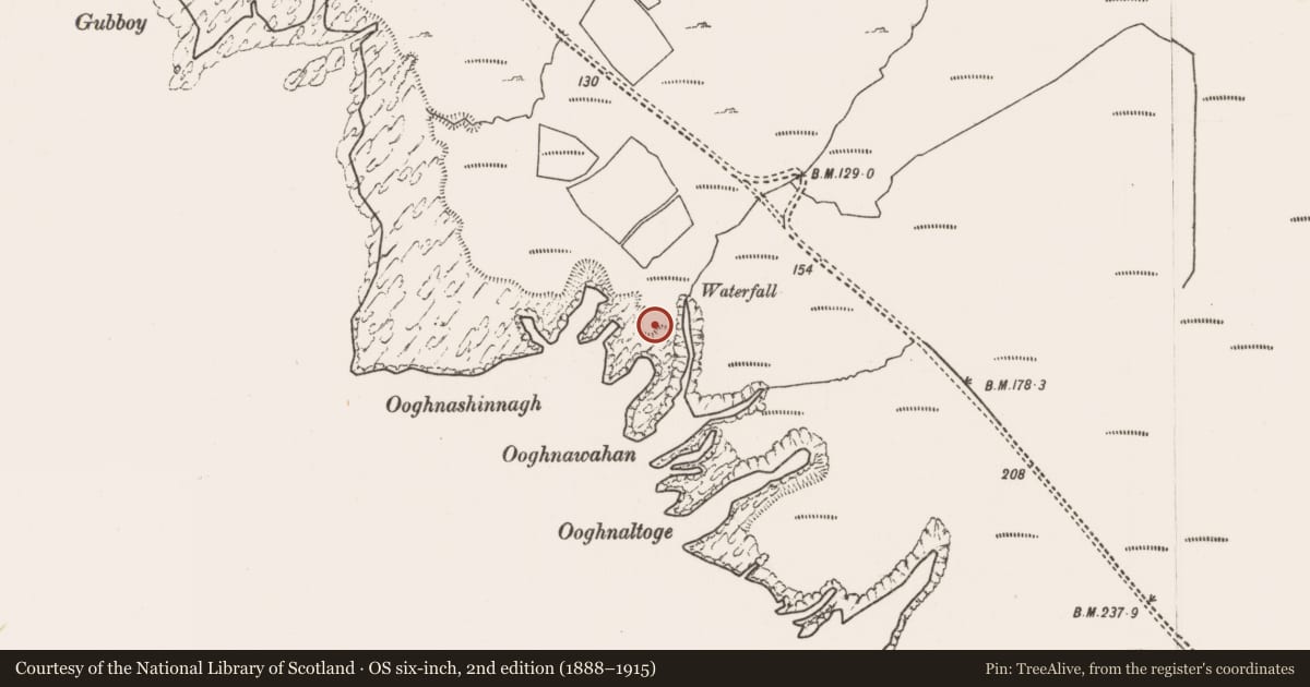 Ordnance Survey six-inch map, 2nd edition (1888–1915) covering the location of Children's burial ground, Dumha Éige, County Mayo, with a pin at the register's coordinates