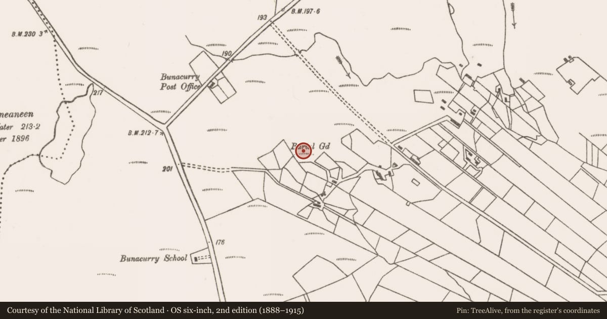 Ordnance Survey six-inch map, 2nd edition (1888–1915) covering the location of Burial ground, Bun An Churraigh, County Mayo, with a pin at the register's coordinates