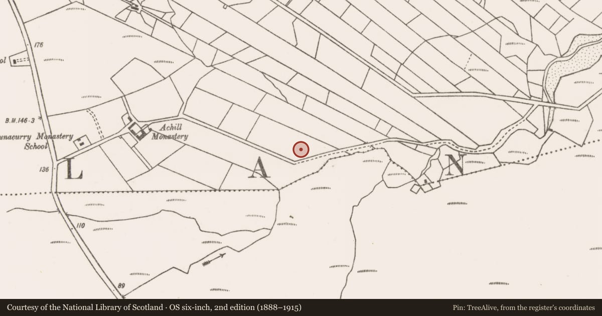 Ordnance Survey six-inch map, 2nd edition (1888–1915) covering the location of Children's burial ground, Bun An Churraigh, County Mayo, with a pin at the register's coordinates