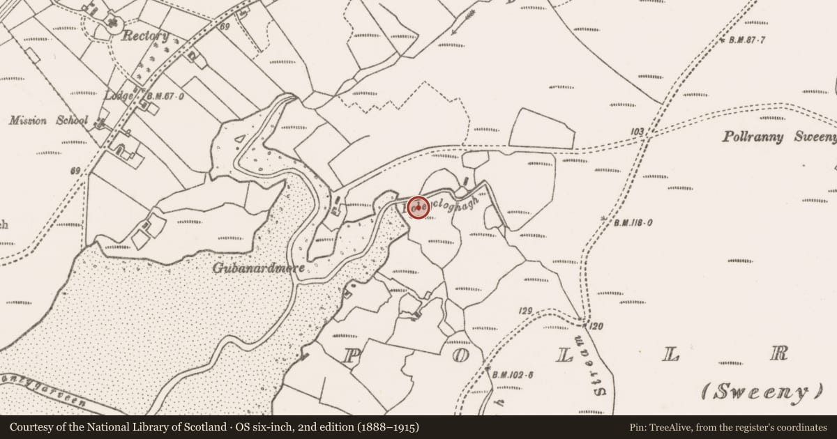 Ordnance Survey six-inch map, 2nd edition (1888–1915) covering the location of Settlement cluster, Poll Raithní (Sweeney), County Mayo, with a pin at the register's coordinates