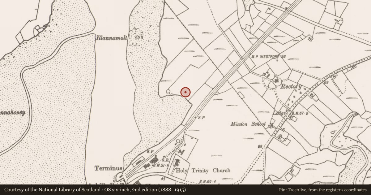 Ordnance Survey six-inch map, 2nd edition (1888–1915) covering the location of Field boundary, Poll Raithní (Sweeney), County Mayo, with a pin at the register's coordinates