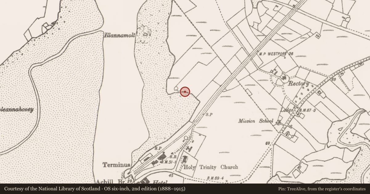 Ordnance Survey six-inch map, 2nd edition (1888–1915) covering the location of Field boundary, Poll Raithní (Sweeney), County Mayo, with a pin at the register's coordinates