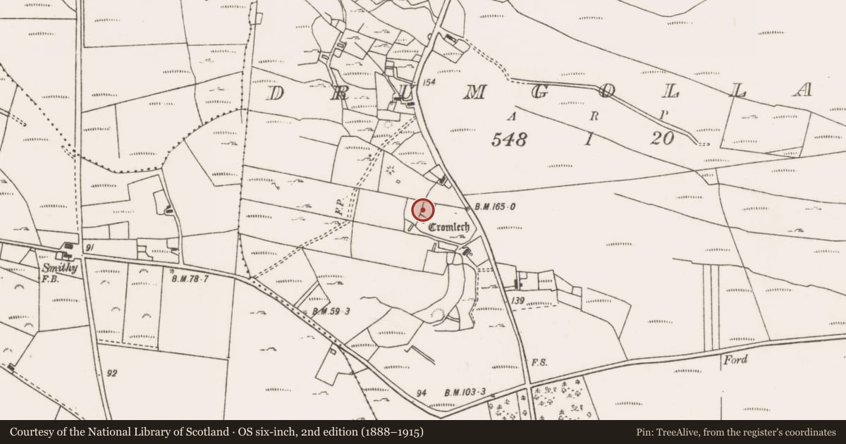 Ordnance Survey six-inch map, 2nd edition (1888–1915) covering the location of Rock art, Drumgollagh, County Mayo, with a pin at the register's coordinates