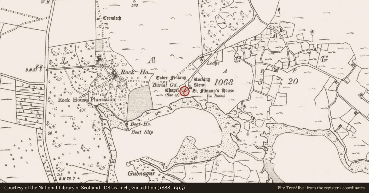 Ordnance Survey six-inch map, 2nd edition (1888–1915) covering the location of Graveyard, An Cloigeann, County Mayo, with a pin at the register's coordinates