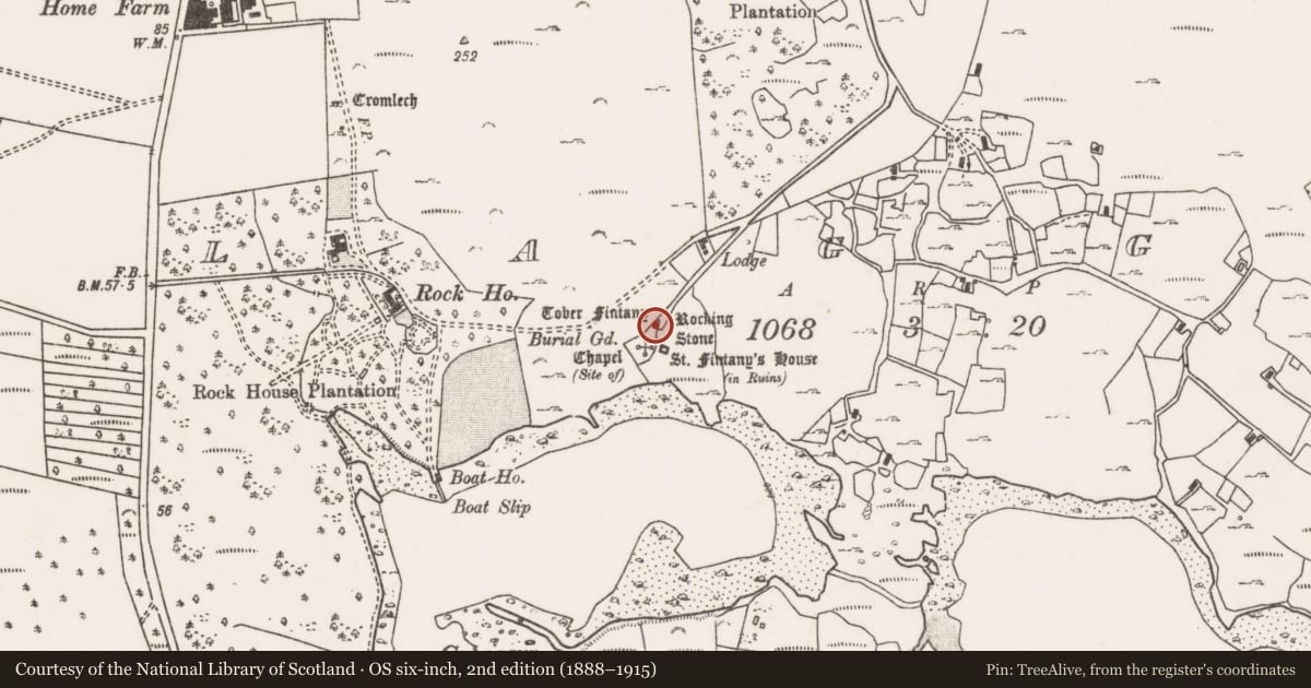 Ordnance Survey six-inch map, 2nd edition (1888–1915) covering the location of Ritual site - holy well, An Cloigeann, County Mayo, with a pin at the register's coordinates
