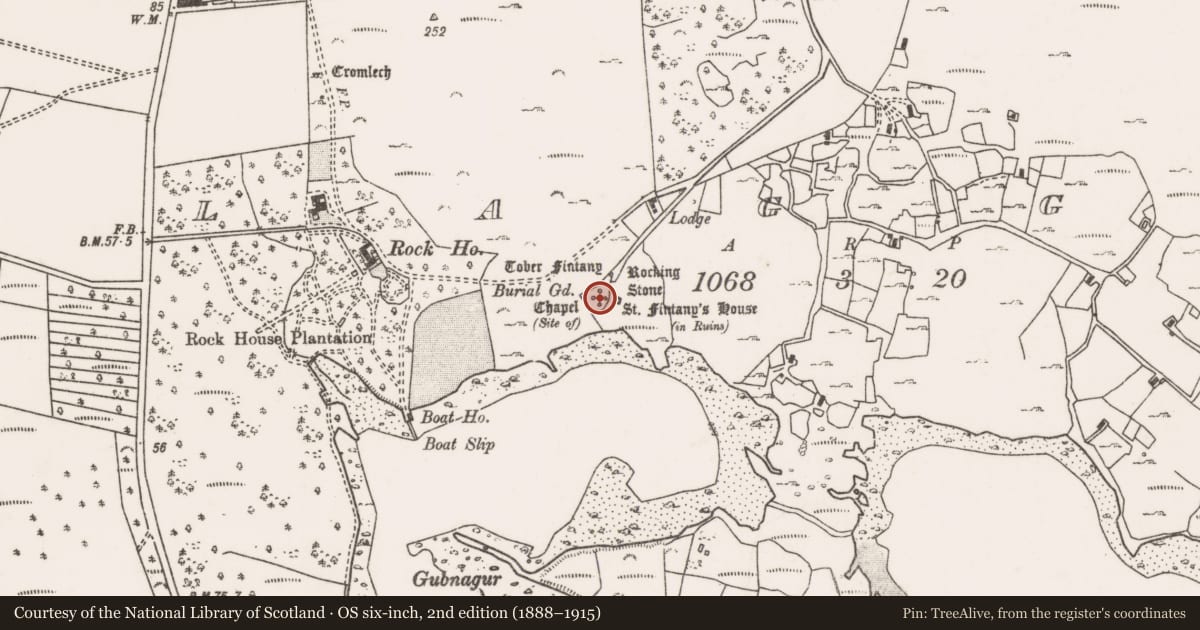 Ordnance Survey six-inch map, 2nd edition (1888–1915) covering the location of Bullaun stone, An Cloigeann, County Mayo, with a pin at the register's coordinates