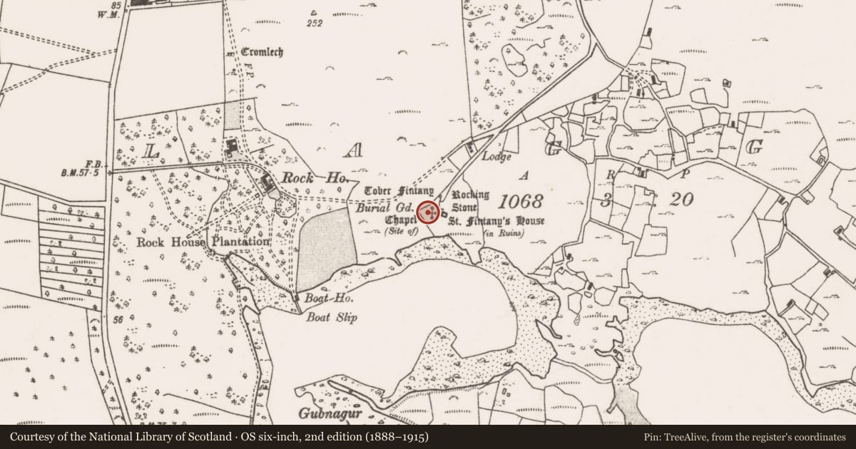 Ordnance Survey six-inch map, 2nd edition (1888–1915) covering the location of Cross-inscribed stone, An Cloigeann, County Mayo, with a pin at the register's coordinates