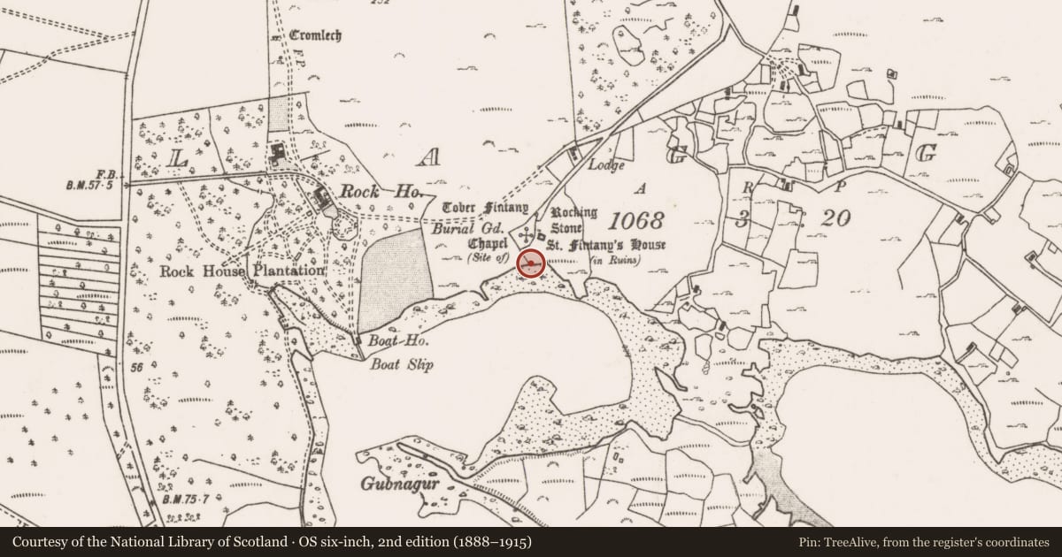 Ordnance Survey six-inch map, 2nd edition (1888–1915) covering the location of Burial ground, An Cloigeann, County Mayo, with a pin at the register's coordinates