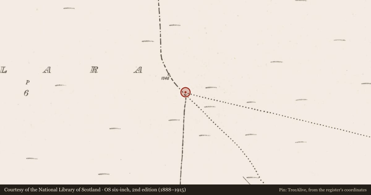 Ordnance Survey six-inch map, 2nd edition (1888–1915) covering the location of Cairn - boundary cairn, Glenlara, County Mayo, with a pin at the register's coordinates