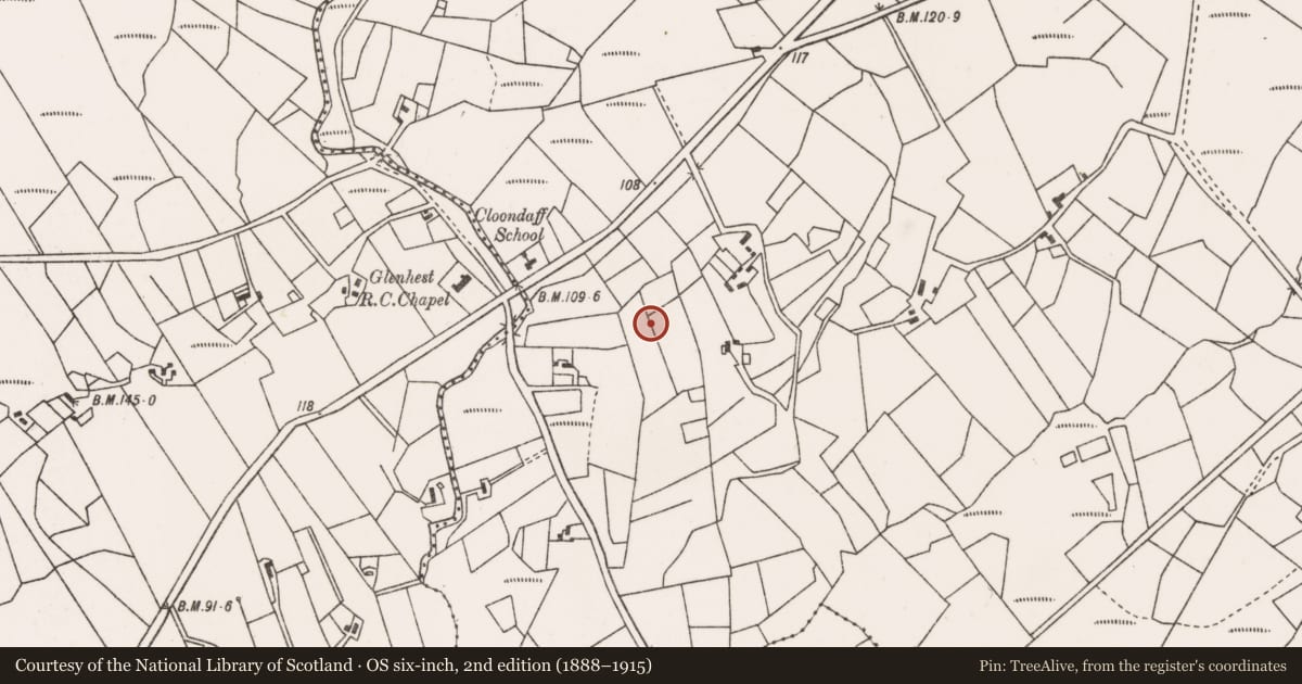 Ordnance Survey six-inch map, 2nd edition (1888–1915) covering the location of Ringfort - rath, Cloondaff, County Mayo, with a pin at the register's coordinates