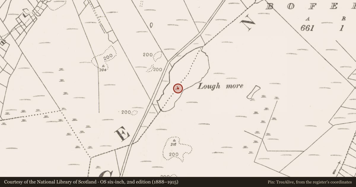 Ordnance Survey six-inch map, 2nd edition (1888–1915) covering the location of Crannog, Bofeenaun, County Mayo, with a pin at the register's coordinates
