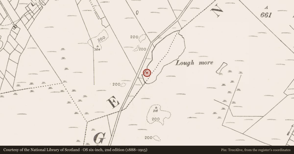 Ordnance Survey six-inch map, 2nd edition (1888–1915) covering the location of Post row - peatland, Cloghbrack Far, County Mayo, with a pin at the register's coordinates