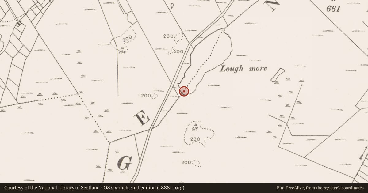 Ordnance Survey six-inch map, 2nd edition (1888–1915) covering the location of Post row - peatland, Cloghbrack Far, County Mayo, with a pin at the register's coordinates