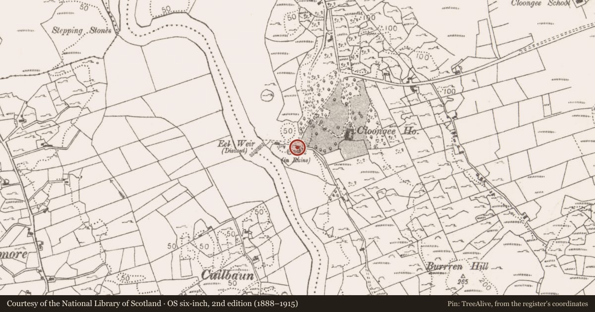 Ordnance Survey six-inch map, 2nd edition (1888–1915) covering the location of Castle - tower house, Cloongee, County Mayo, with a pin at the register's coordinates