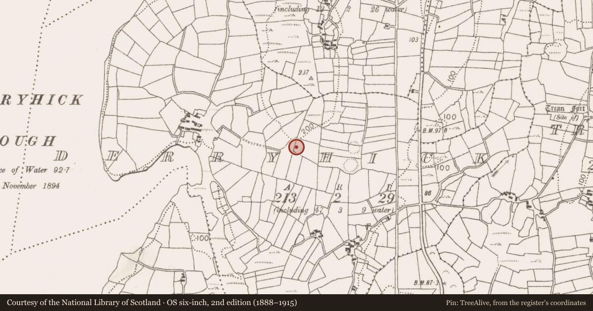 Ordnance Survey six-inch map, 2nd edition (1888–1915) covering the location of Ringfort - rath, Derryhick, County Mayo, with a pin at the register's coordinates