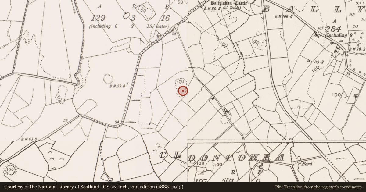 Ordnance Survey six-inch map, 2nd edition (1888–1915) covering the location of Souterrain, Cloonconra, County Mayo, with a pin at the register's coordinates