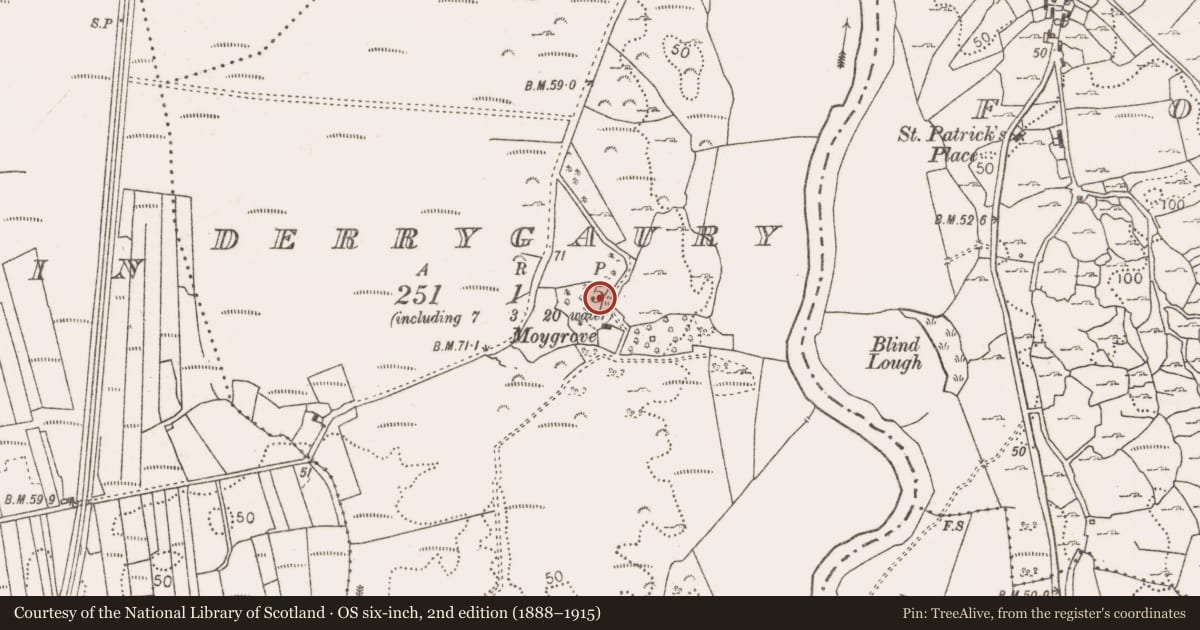Ordnance Survey six-inch map, 2nd edition (1888–1915) covering the location of Enclosure, Derrygaury, County Mayo, with a pin at the register's coordinates