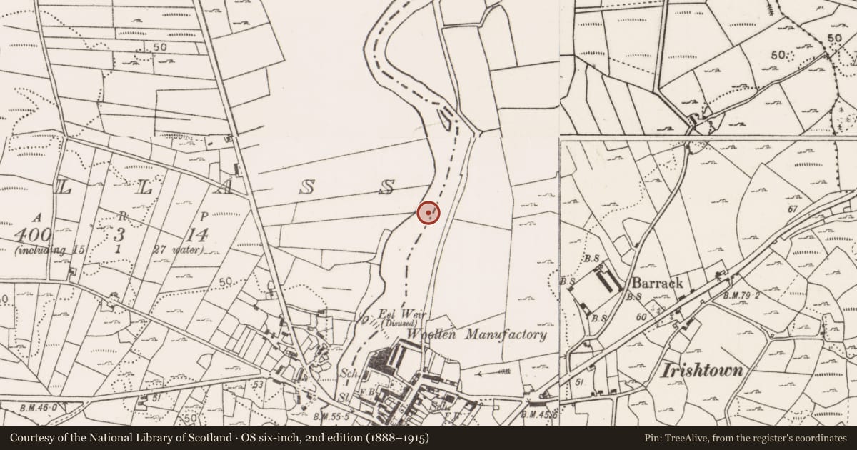 Ordnance Survey six-inch map, 2nd edition (1888–1915) covering the location of Weir - fish, Bellass, Foxford, County Mayo, with a pin at the register's coordinates