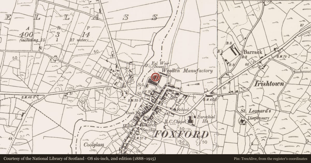 Ordnance Survey six-inch map, 2nd edition (1888–1915) covering the location of Barracks, Foxford, County Mayo, with a pin at the register's coordinates