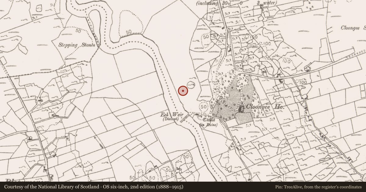 Ordnance Survey six-inch map, 2nd edition (1888–1915) covering the location of Standing stone, Cloongee, County Mayo, with a pin at the register's coordinates