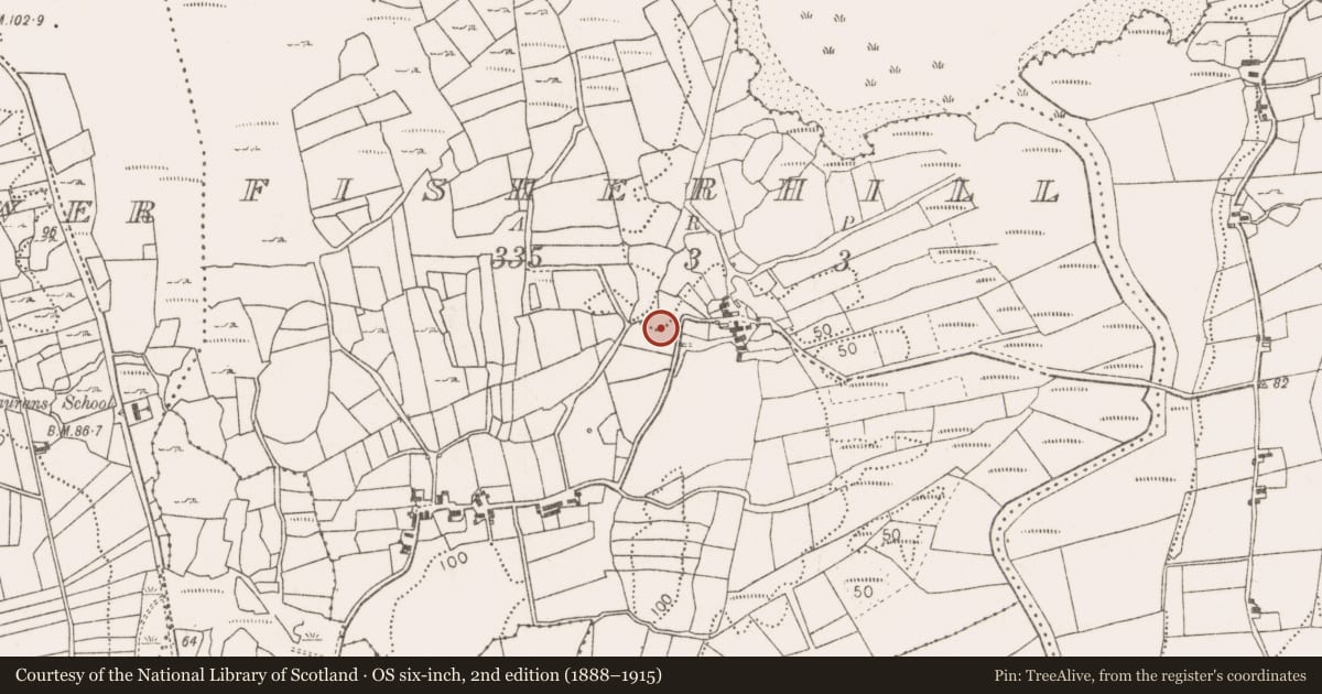 Ordnance Survey six-inch map, 2nd edition (1888–1915) covering the location of Fulacht fia, Fisherhill, County Mayo, with a pin at the register's coordinates