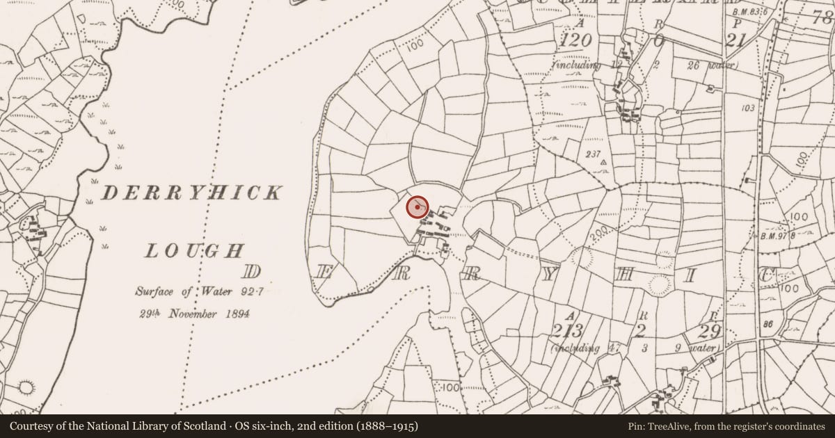 Ordnance Survey six-inch map, 2nd edition (1888–1915) covering the location of Enclosure, Derryhick, County Mayo, with a pin at the register's coordinates