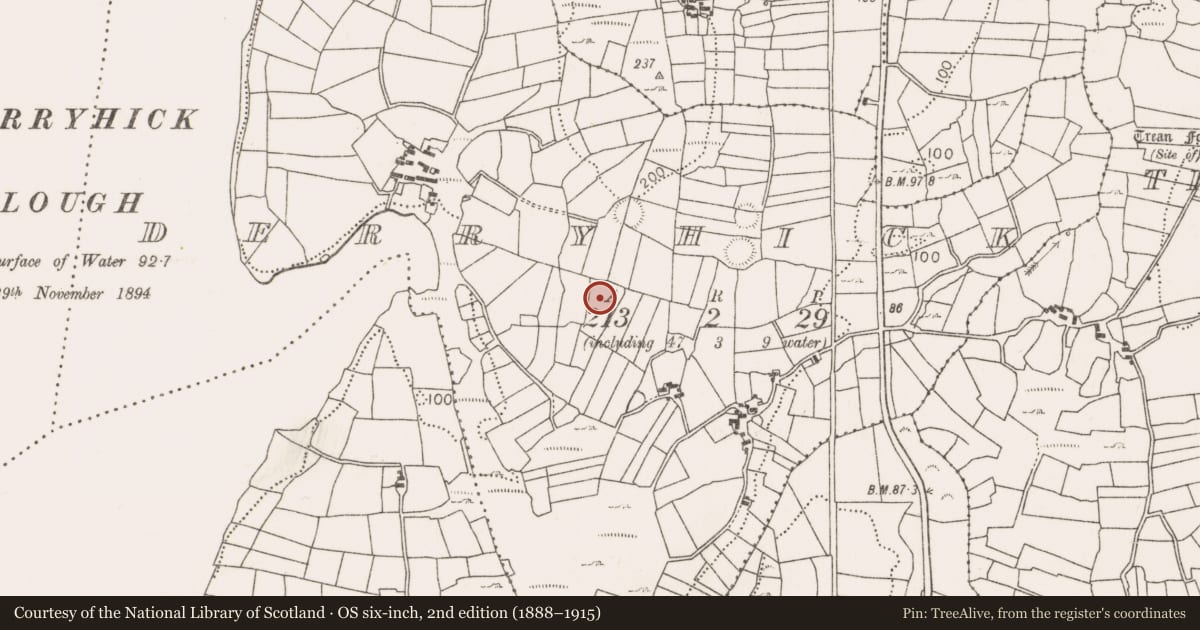 Ordnance Survey six-inch map, 2nd edition (1888–1915) covering the location of Children's burial ground, Derryhick, County Mayo, with a pin at the register's coordinates