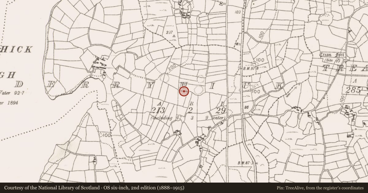 Ordnance Survey six-inch map, 2nd edition (1888–1915) covering the location of Megalithic tomb - unclassified, Derryhick, County Mayo, with a pin at the register's coordinates