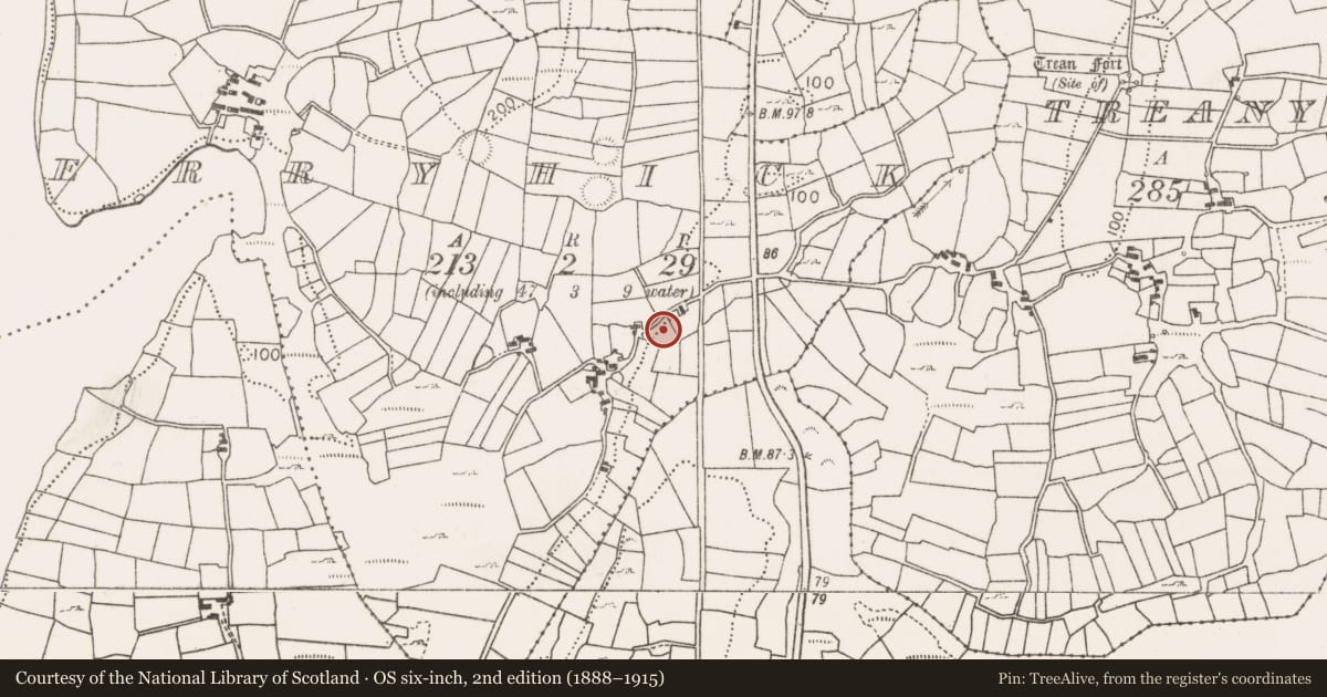 Ordnance Survey six-inch map, 2nd edition (1888–1915) covering the location of Fulacht fia, Derryhick, County Mayo, with a pin at the register's coordinates