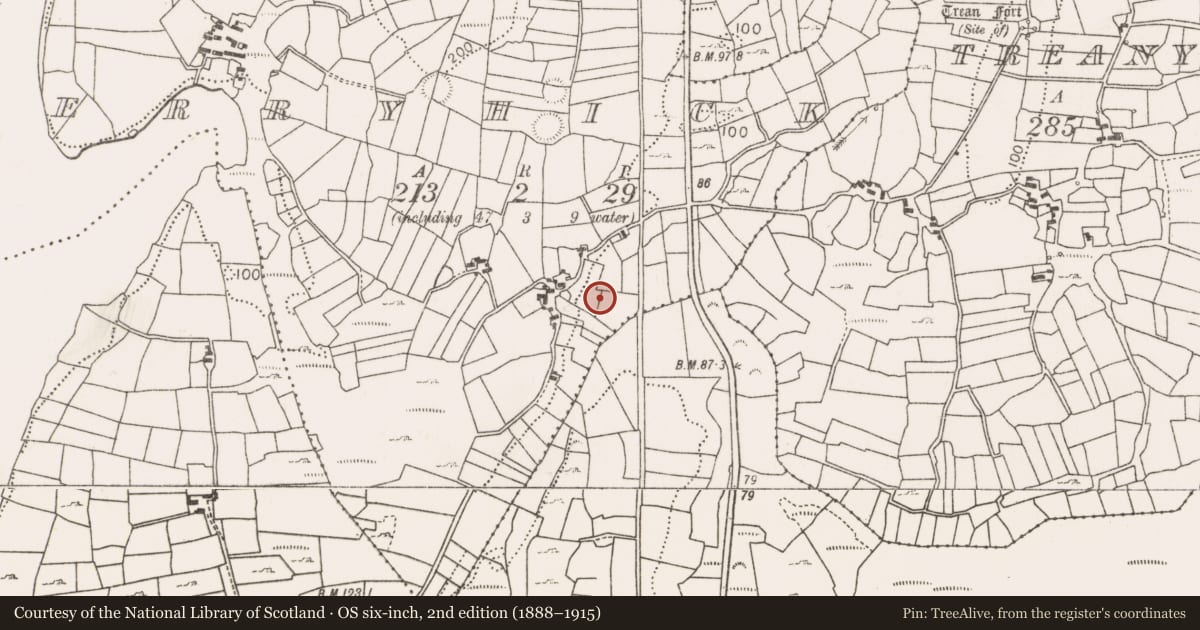 Ordnance Survey six-inch map, 2nd edition (1888–1915) covering the location of Fulacht fia, Derryhick, County Mayo, with a pin at the register's coordinates