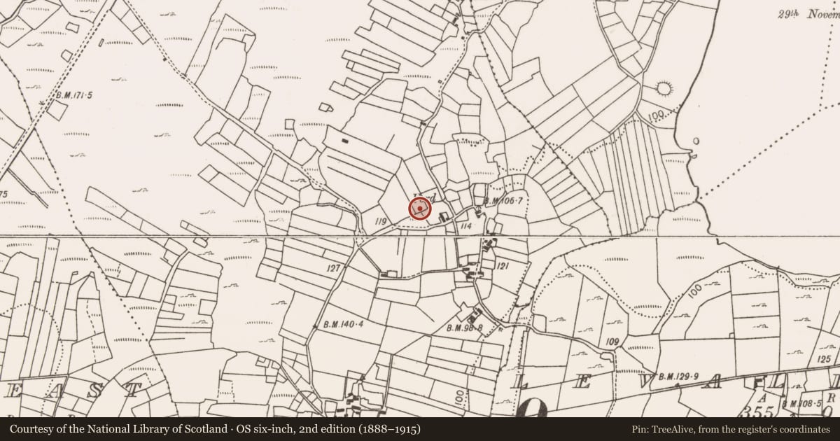Ordnance Survey six-inch map, 2nd edition (1888–1915) covering the location of Fulacht fia, Cunnagher North, County Mayo, with a pin at the register's coordinates