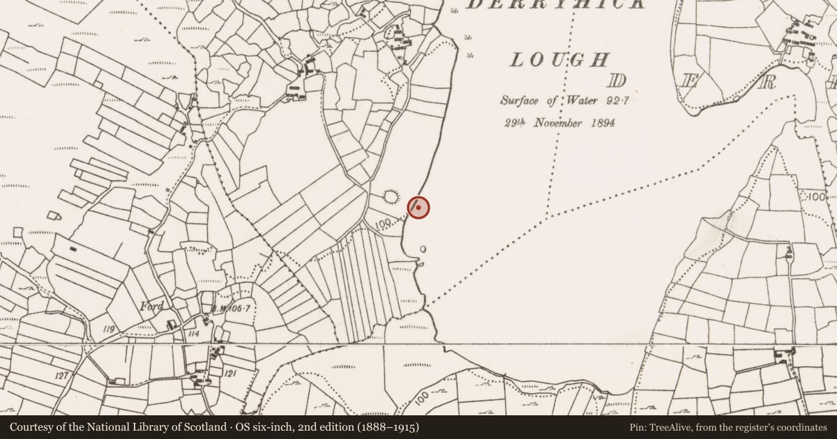 Ordnance Survey six-inch map, 2nd edition (1888–1915) covering the location of Crannog, Crillaun, County Mayo, with a pin at the register's coordinates