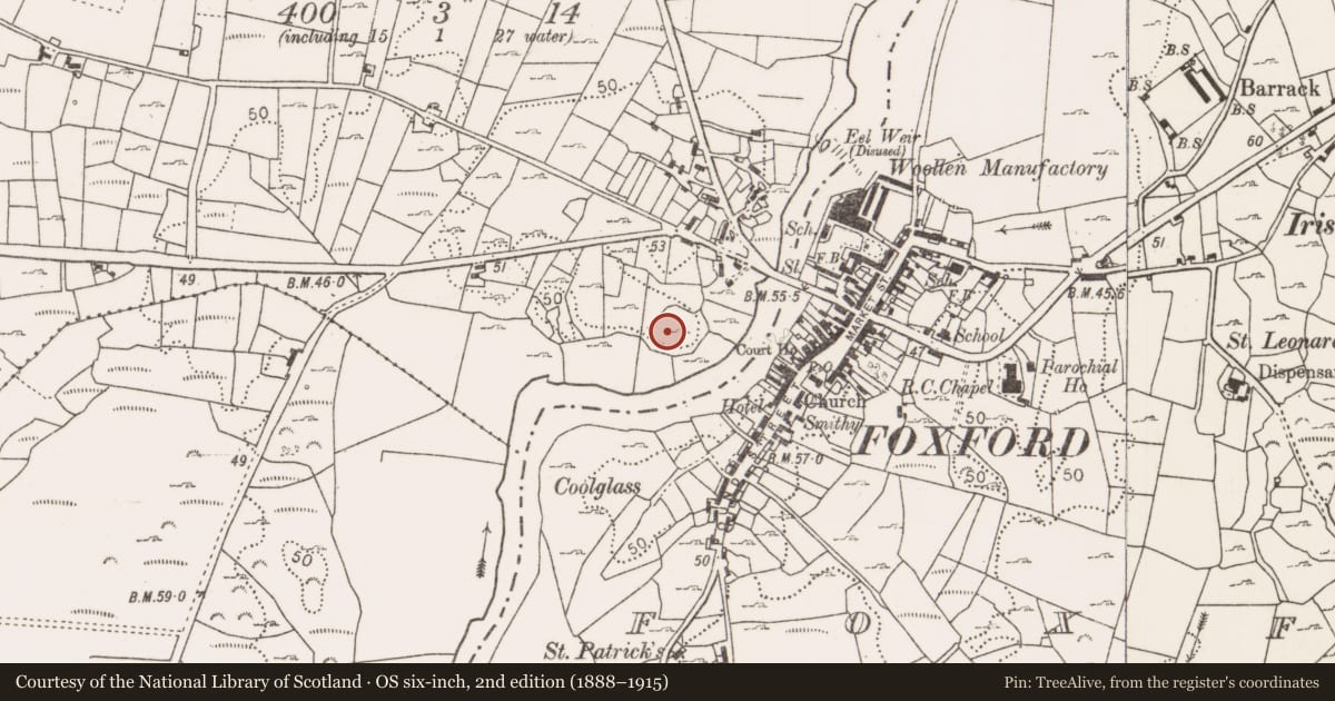 Ordnance Survey six-inch map, 2nd edition (1888–1915) covering the location of Enclosure, Bellass, County Mayo, with a pin at the register's coordinates