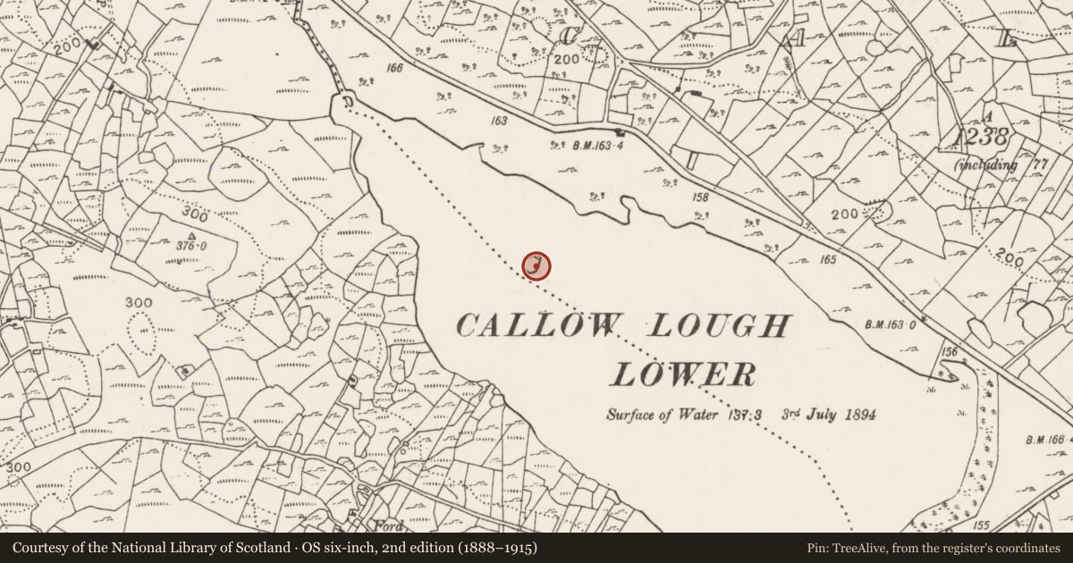 Ordnance Survey six-inch map, 2nd edition (1888–1915) covering the location of Crannog, Callow, County Mayo, with a pin at the register's coordinates