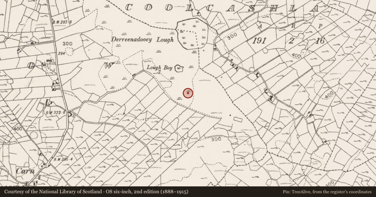 Ordnance Survey six-inch map, 2nd edition (1888–1915) covering the location of Fulacht fia, Callow, County Mayo, with a pin at the register's coordinates
