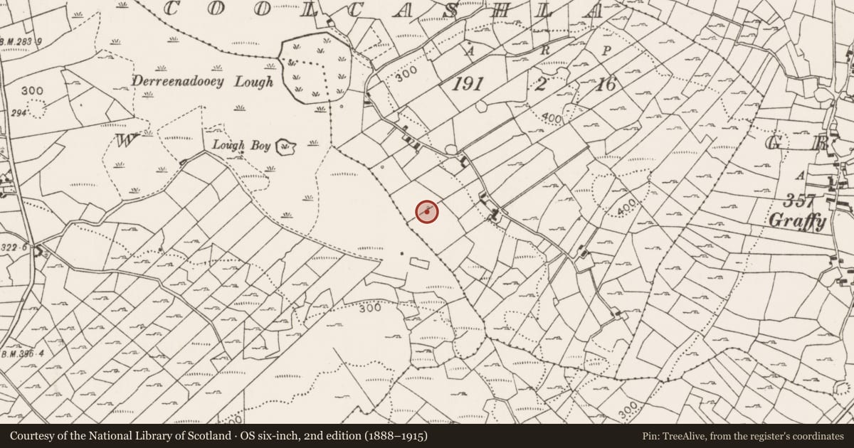 Ordnance Survey six-inch map, 2nd edition (1888–1915) covering the location of Fulacht fia, Coolcashla, County Mayo, with a pin at the register's coordinates