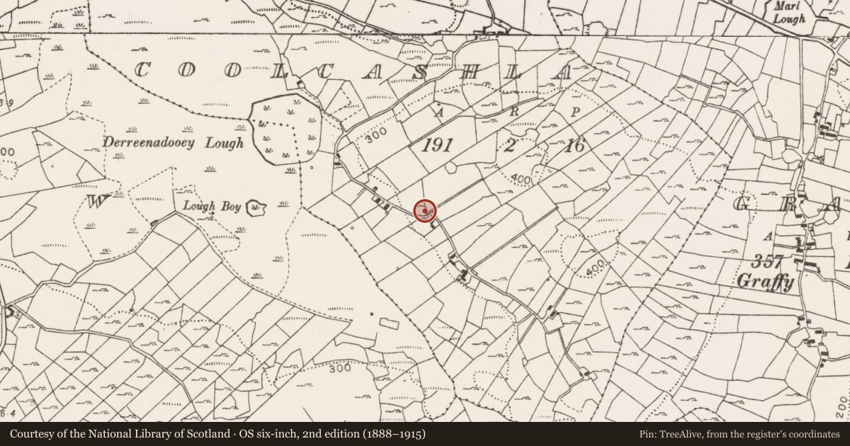 Ordnance Survey six-inch map, 2nd edition (1888–1915) covering the location of Ringfort - cashel, Coolcashla, County Mayo, with a pin at the register's coordinates