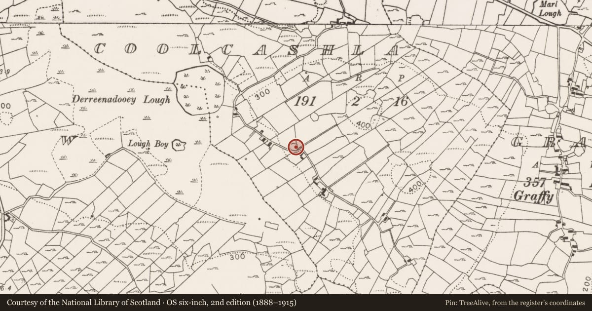 Ordnance Survey six-inch map, 2nd edition (1888–1915) covering the location of House - indeterminate date, Coolcashla, County Mayo, with a pin at the register's coordinates