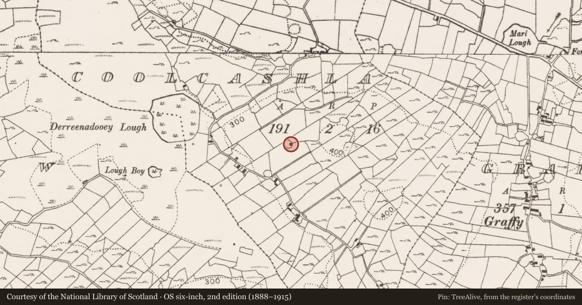 Ordnance Survey six-inch map, 2nd edition (1888–1915) covering the location of Ringfort - cashel, Coolcashla, County Mayo, with a pin at the register's coordinates