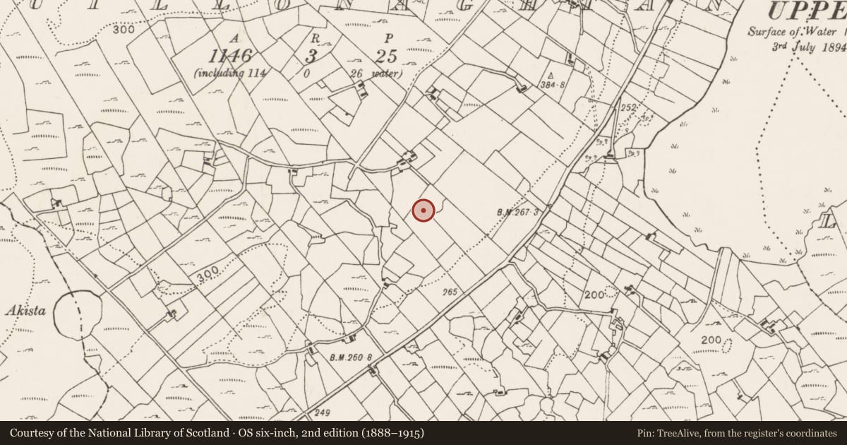 Ordnance Survey six-inch map, 2nd edition (1888–1915) covering the location of Enclosure, Cuillonaghtan, County Mayo, with a pin at the register's coordinates