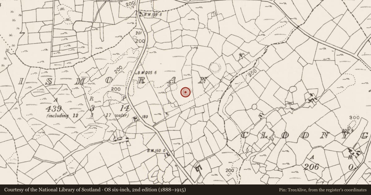 Ordnance Survey six-inch map, 2nd edition (1888–1915) covering the location of Souterrain, Lismoran, County Mayo, with a pin at the register's coordinates