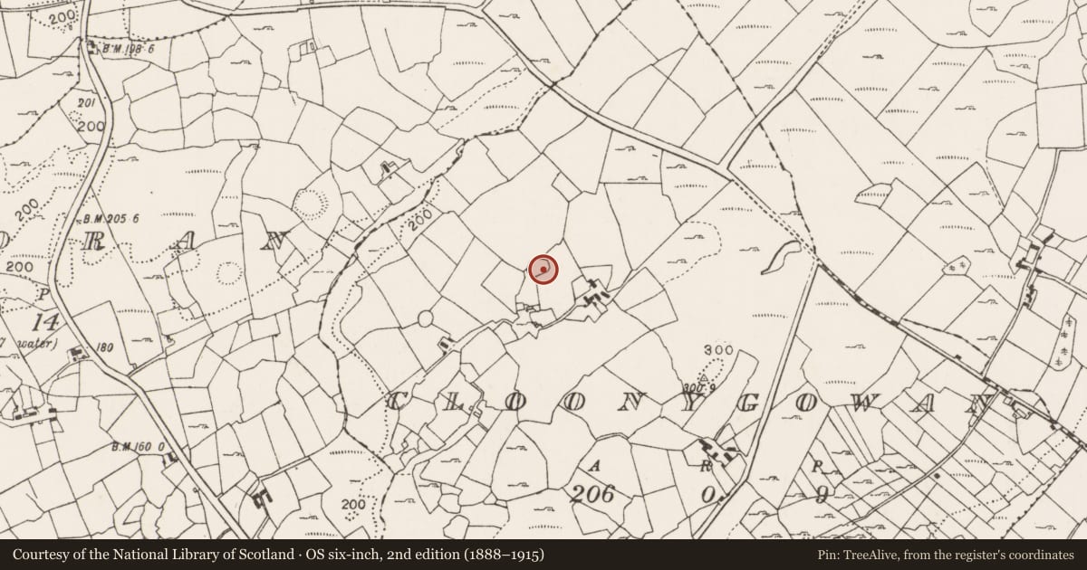 Ordnance Survey six-inch map, 2nd edition (1888–1915) covering the location of Enclosure, Cloonygowan, County Mayo, with a pin at the register's coordinates