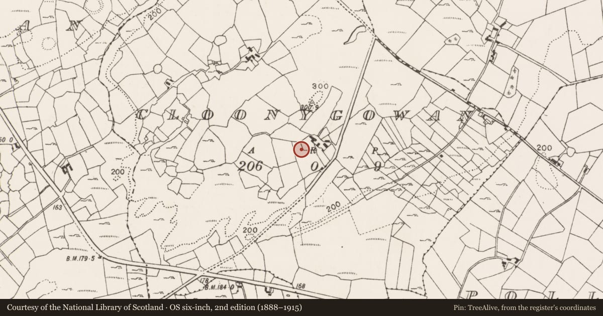 Ordnance Survey six-inch map, 2nd edition (1888–1915) covering the location of Church, Cloonygowan, County Mayo, with a pin at the register's coordinates