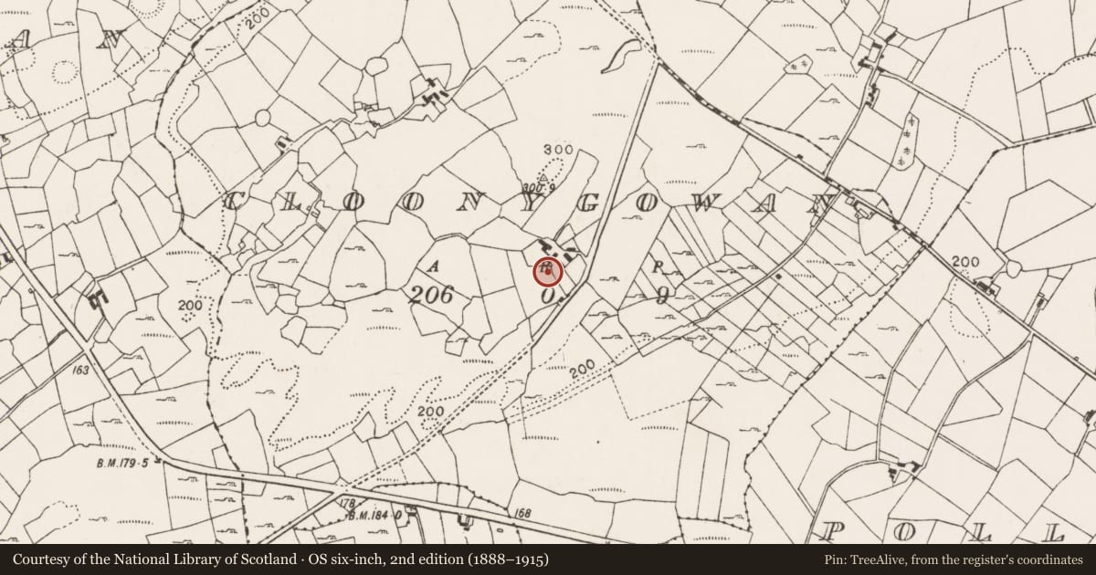 Ordnance Survey six-inch map, 2nd edition (1888–1915) covering the location of Children's burial ground, Cloonygowan, County Mayo, with a pin at the register's coordinates