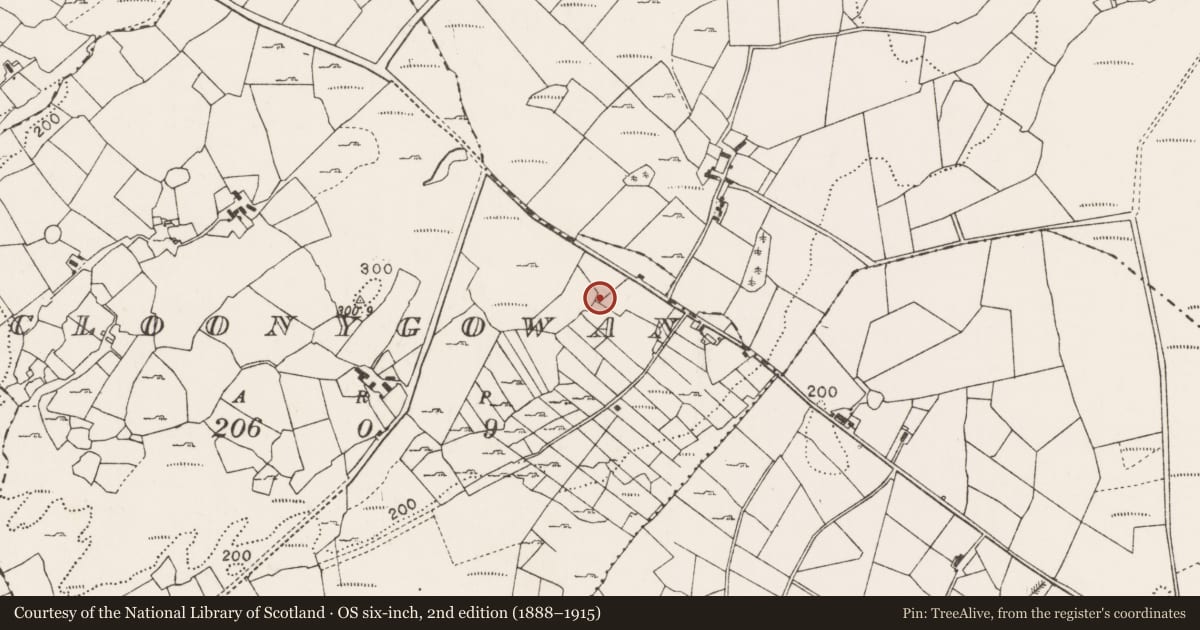 Ordnance Survey six-inch map, 2nd edition (1888–1915) covering the location of Enclosure, Cloonygowan, County Mayo, with a pin at the register's coordinates
