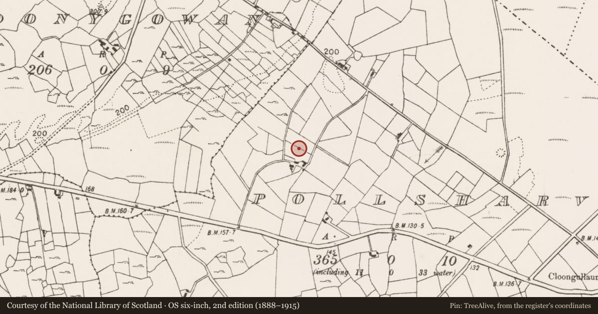 Ordnance Survey six-inch map, 2nd edition (1888–1915) covering the location of Enclosure, Pollsharvoge, County Mayo, with a pin at the register's coordinates