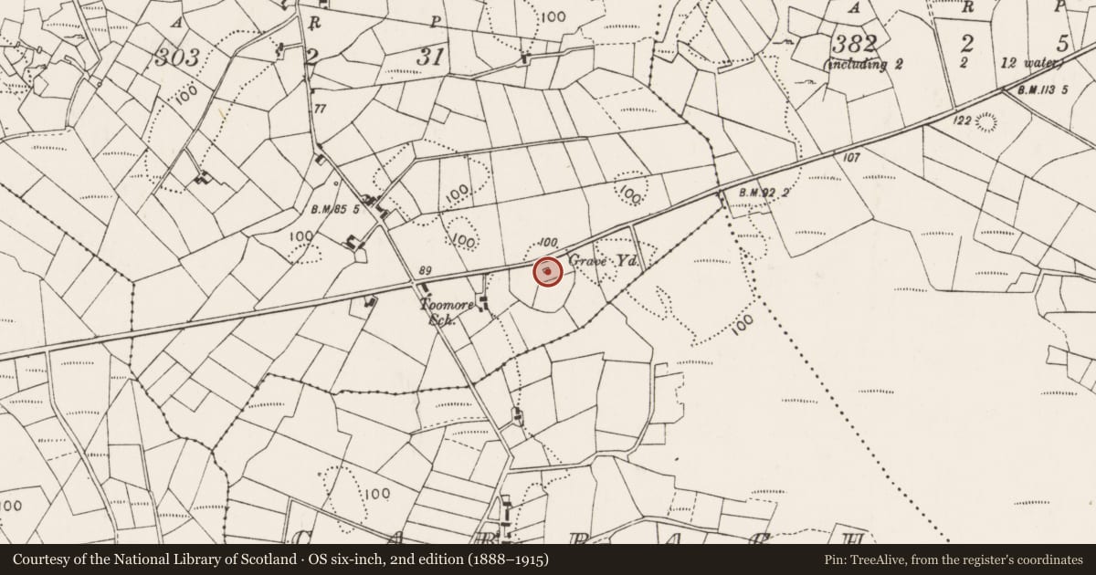 Ordnance Survey six-inch map, 2nd edition (1888–1915) covering the location of Church, Toomore, County Mayo, with a pin at the register's coordinates