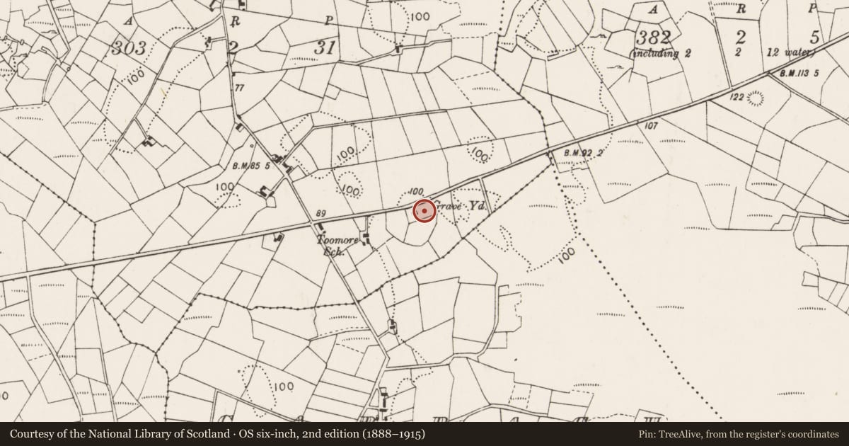 Ordnance Survey six-inch map, 2nd edition (1888–1915) covering the location of Graveyard, Toomore, County Mayo, with a pin at the register's coordinates