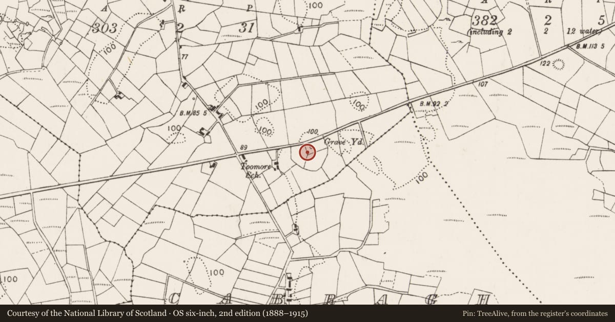 Ordnance Survey six-inch map, 2nd edition (1888–1915) covering the location of Ecclesiastical enclosure, Toomore, County Mayo, with a pin at the register's coordinates